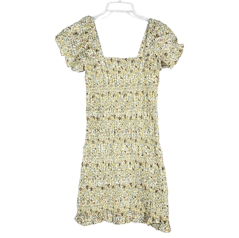 STORIA smocked floral ruffle mini dress yellow NWT